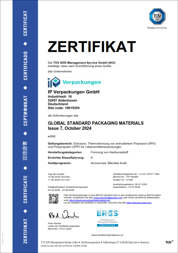 Zertifiziert nach BRCGS Global Standard Packaging Materials